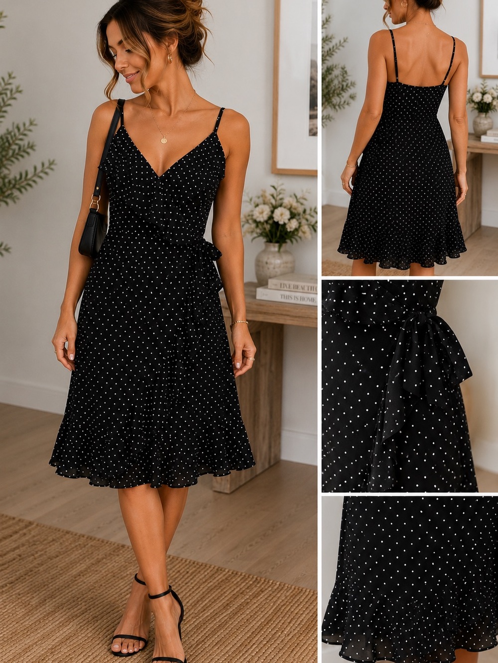 Banana Republic Black White Polka Dot Ruffle Wrap Dress Size 10 Midi Flounce - Picture 2 of 8